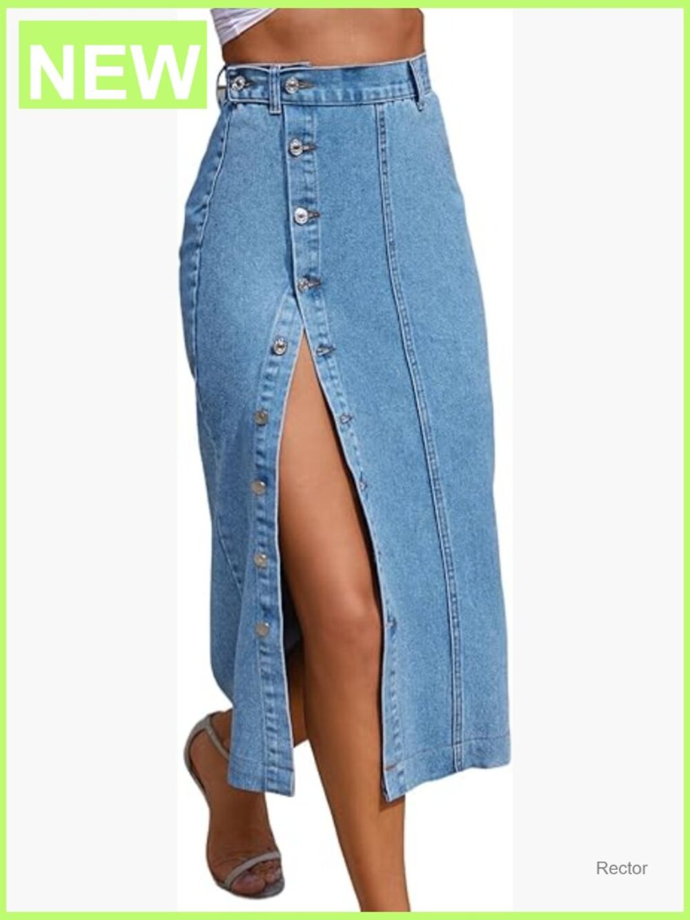High Waisted Denim Midi Skirt Button Front Side Slit Casual Wear